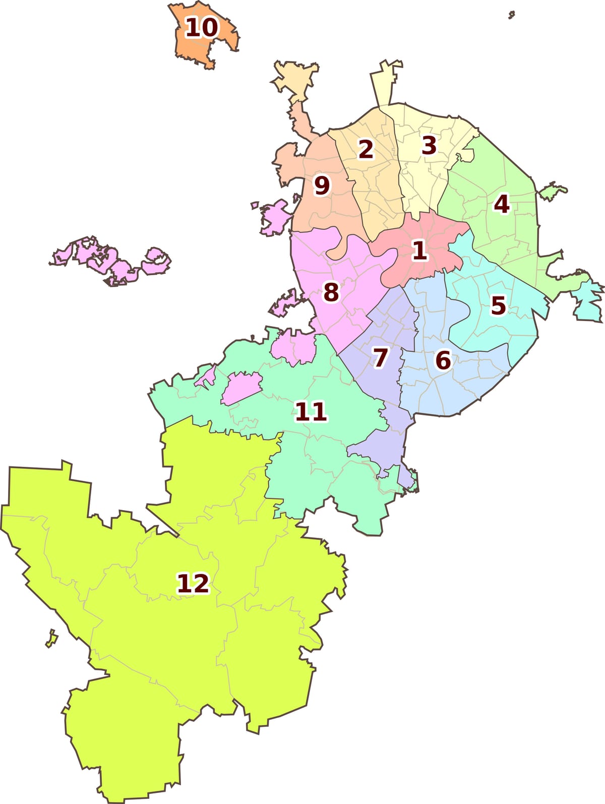 Mapa de los barrios, distritos y zonas de Moscú